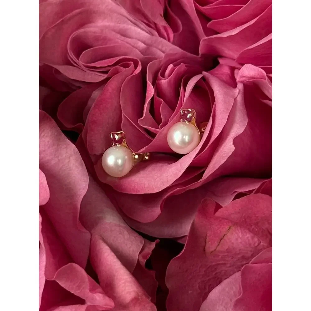 14K Yellow Gold Pearl & Ruby Stud Earrings
